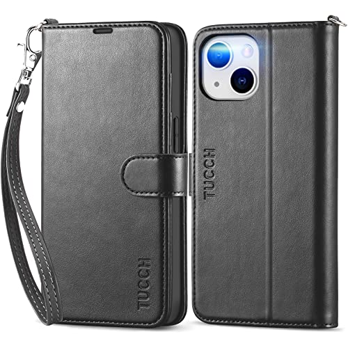 TUCCH Hülle für iPhone 14, mit Band Schutzhülle TPU [RFID Blocker] Aufstellfunktion [Magnet] [Kartenfach] Lederhülle Stoßfest Flipcase, Brieftasche für iPhone 14 5G 2022 (6,1 Zoll) Schwarz von TUCCH