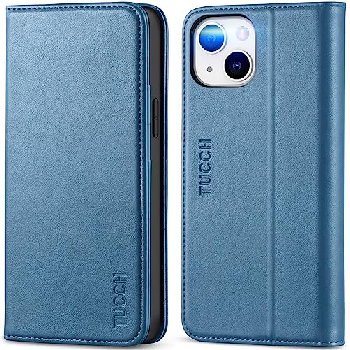 TUCCH Hülle für iPhone 14 5G Handyhülle 2022 TPU Kunstleder [Kartenfächer] [Standfunktion] Kratzfest [RFID Blocker] Stoßfeste Klapphülle kompatibel mit iPhone 14 (6,1 Zoll) Blau von TUCCH