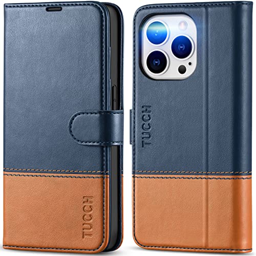TUCCH Hülle für iPhone 14 Pro 5G Handyhülle 2022 TPU Schutzhülle [RFID-Blocker] stoßfest Tasche mit [Ständer] [Kartenfächer] n [Magnet] Etui kompatibel mit iPhone 14 Pro (6,1 Zoll) Blau-Braun von TUCCH