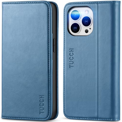 TUCCH Hülle für iPhone 14 Pro Case [RFID Blocker] 2022 Stoßfeste Handyhülle, TPU [Kartenfach] [Standfunktion] Kunstleder, Kratzfest Schutzhülle kompatibel mit iPhone 14 Pro (6,1 Zoll) Blau von TUCCH