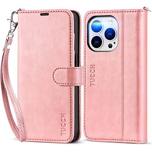 TUCCH Hülle für iPhone 14 Pro Flip Case 5G mit Band [Magnet] ische Klapphülle TPU [Standfunktion] [Kartenfach] Schutzhülle kompatibel mit iPhone 14 Pro 2022 (6,1 Zoll) Rosagold mit Band von TUCCH