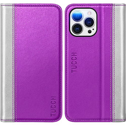 TUCCH Hülle für iPhone 14 Pro Max 5G Schutzhülle [RFID Blocker] TPU [Kartenfächer] [Standfunktion] Handyhülle Stoßfeste Walletcase kompatibel mit iPhone 14 Pro Max 2022 (6,7 Zoll) Lila-Silber von TUCCH