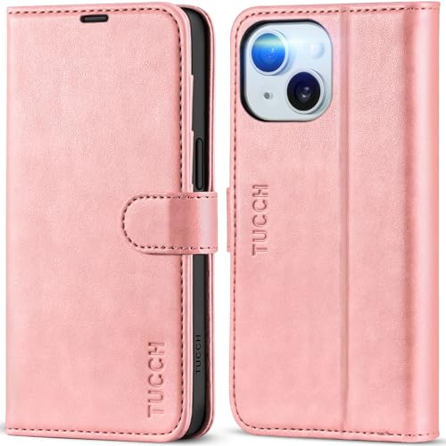 TUCCH Hülle für iPhone 15 5G Handyhülle mit [RFID-Blocker] Aufstelhfunktion [Kartenfach] [Magnetisch] TPU Stoßfeste Wallet Case Kompatibel mit iPhone 15 2023 (6,1 Zoll), Rosa von TUCCH
