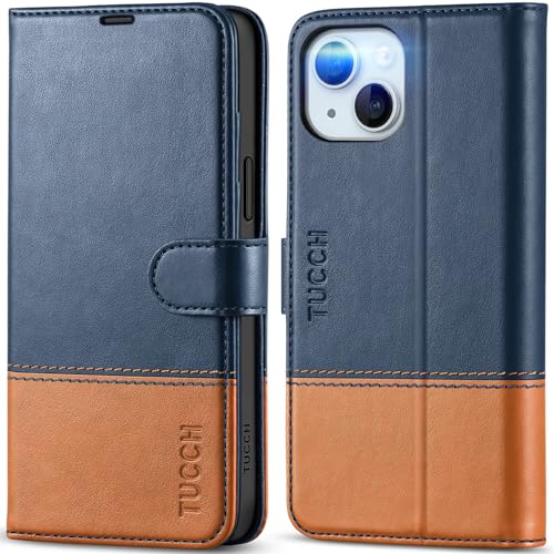 TUCCH Hülle für iPhone 15 Plus 5G Schutzhülle [Kartenfach] [RFID Blocker] TPU [Ständer] [Magnet], Stoßfest Flipcase, Brieftasche Kompatibel mit iPhone 15 Plus 2023 (6,7 Zoll), Blau-Braun von TUCCH