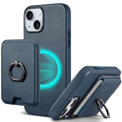 TUCCH Hülle für iPhone 15 Plus mit Abnehmbarem Magnetischem Kartenhalter, Case mit Magnetisch Kabelloses Aufladen, Sicherer Griff Ringstand Lederhülle Kompatibel mit iPhone 15 Plus 6,7 Zoll, Blau von TUCCH