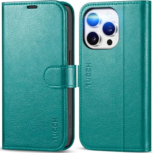 TUCCH Hülle für iPhone 15 Pro 5G, Handyhülle TPU [Kartenfächer] [Standfunktion] [RFID Blocker] [Magnet] Stoßfeste Schutzhülle, Lederhülle Kompatibel mit iPhone 15 Pro 2023(6,1 Zoll), Cyan von TUCCH