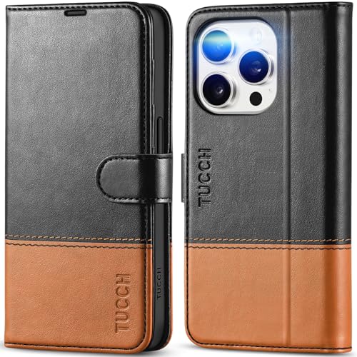 TUCCH Hülle für iPhone 15 Pro Case 2023 [RFID Blocker] Stoßfeste Handyhülle TPU [Kartenfach] [Standfunktion] Kunstleder, Schutzhülle Kompatibel mit iPhone 15 Pro 5G (6,1 Zoll), Schwarz-Braun von TUCCH