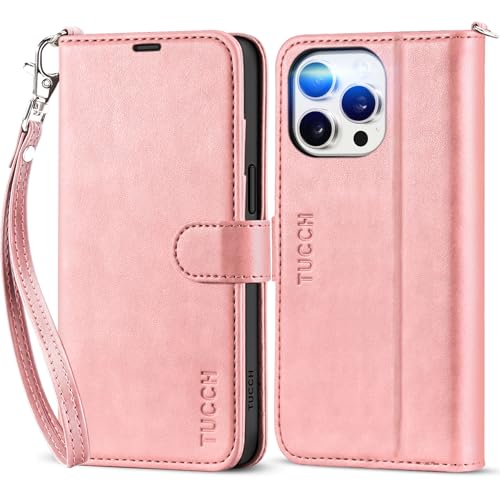 TUCCH Hülle für iPhone 15 Pro Max, Case mit Kette [RFID Blocker] Stoßfeste TPU Handyhülle [Kartenfach] [Standfunktion] Leder Schutzhülle Kompatibel mit iPhone 15 Pro Max 5G 2023 (6,7 Zoll), Rosa von TUCCH