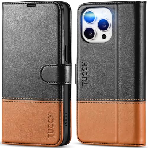 TUCCH Hülle für iPhone 15 Pro Max Case 2023 [RFID Blocker] Stoßfeste Handyhülle TPU [Kartenfach] [Standfunktion] Kunstleder, Schutzhülle Kompatibel mit iPhone 15 Pro Max 5G (6,7 Zoll), Schwarz-Braun von TUCCH