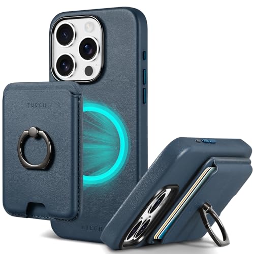 TUCCH Hülle für iPhone 15 Pro mit Abnehmbarem Magnetischem Kartenhalter, Case mit Magnetisch Kabelloses Aufladen, Sicherer Griff Ultra Dünn Lederhülle Kompatibel mit iPhone 15 Pro 6,1 Zoll, Blau von TUCCH