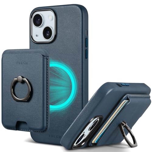 TUCCH Hülle für iPhone 15 mit Abnehmbarem Magnetischem Kartenhalter, Case mit Magnetisch Kabelloses Aufladen, Sicherer Griff Ringstand Ultra Dünn Lederhülle Kompatibel mit iPhone 15 6,1 Zoll, Blau von TUCCH