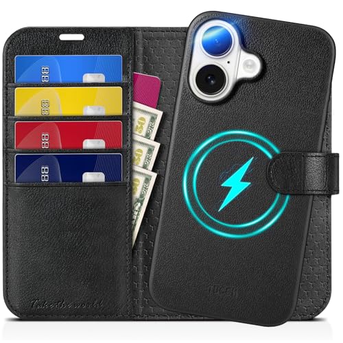TUCCH Hülle für iPhone 16 (2in1) Leder Stoßfestes Case [Abnehmbare Magnetische Hülle] [Kabelloses Laden] [Kartenfach] Handyhülle [RFID Blocker] Kompatibel mit iPhone 16, voll Texturiert Schwarz von TUCCH