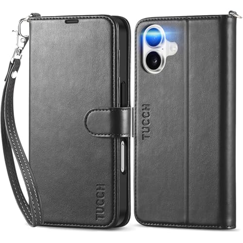 TUCCH Hülle für iPhone 16 5G Klapphülle mit Band [RFID-Blocker] TPU [Kartenfach] [Ständer] [Magnetverschluss] Handyhülle Stoßfeste Schutzhülle Cover Kompatibel mit iPhone 16 2024 (6,1 Zoll), Schwarz von TUCCH
