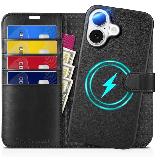 TUCCH Hülle für iPhone 16 [Abnehmbar] 2-IN-1 Magnetische Handyhülle [Kabelloses Laden] [Kartenfach] Klapphülle [RFID Blocker] Schutzhülle Etui Kompatibel mit iPhone 16 5G 2024 (6,1 Zoll), voll Schwarz von TUCCH