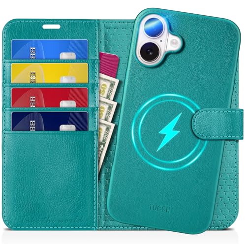 TUCCH Hülle für iPhone 16 Plus (2in1) Leder Stoßfestes Case [Abnehmbare Magnetische Hülle] [Kabelloses Laden] [Kartenfach] Tasche Schutzhülle [RFID Blocker] Kompatibel mit iPhone 16 Plus, voll Cyan von TUCCH