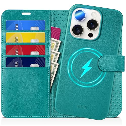 TUCCH Hülle für iPhone 16 Pro (2in1) Leder Stoßfestes Case [Abnehmbare Magnetische Hülle] [Kabelloses Laden] [Kartenfach] [RFID Blocker] Etui Klapphülle Kompatibel mit iPhone 16 Pro, voll Cyan von TUCCH