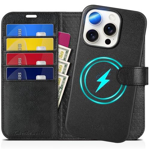 TUCCH Hülle für iPhone 16 Pro (2in1) Lederhülle [Abnehmbare Magnetische Hülle] [Kabelloses Laden] [Kartenfach] Handyhülle [RFID Blocker] Cover Kompatibel mit iPhone 16 Pro, voll Schwarz Texturiert von TUCCH