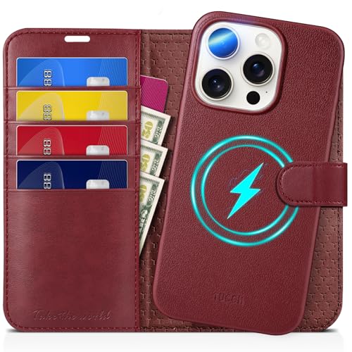 TUCCH Hülle für iPhone 16 Pro [Abnehmbar] 2-IN-1 Magnetische Schutzhülle [Kabelloses Laden] [RFID Blocker] TPU Klapphülle Handyhülle Kompatibel mit iPhone 16 Pro 5G 2024 (6,3 Zoll), voll Dunkelrot von TUCCH