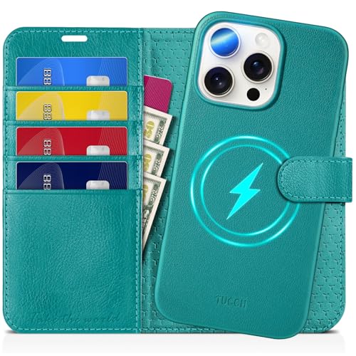 TUCCH Hülle für iPhone 16 Pro Max (2in1) Leder Stoßfestes Case [Abnehmbare Magnetische Hülle] [Kabelloses Laden] [Kartenfach] Schutzhülle [RFID Blocker] Kompatibel mit iPhone 16 Pro Max, voll Cyan von TUCCH