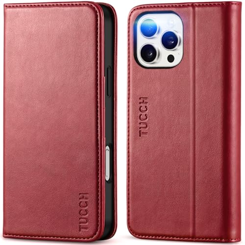 TUCCH Hülle für iPhone 16 Pro Max 5G 2024 Handyhülle [RFID Blocker] Schutzhülle Schützt vor Stößen [Kartenfach] TPU Handytasche Klappbar Kompatibel mit iPhone 16 Pro Max (6,9 Zoll), Dunkelrot von TUCCH