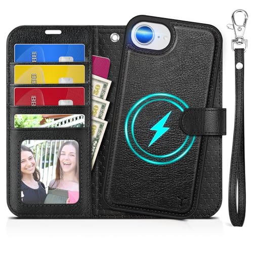 TUCCH Hülle für iPhone 16e 2025 Abnehmbar Ständer 2 in 1 [Magnet] PU-Leder Klapphülle mit Band RFID-Blocker [Kabelloses Laden] 4 Kartenfächer Case Kompatibel mit iPhone 16e 6.1", Texturiert Schwarz von TUCCH