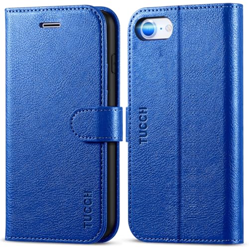 TUCCH Hülle für iPhone SE 2022, iPhone 8/7 Handyhülle, [Kartenfächer] Verdicktes TPU Klapphülle, [Magnet] [Standfunktion] Stoßfeste Case Kompatibel mit iPhone SE2/8/7 (4,7 Zoll), Klein Blau von TUCCH