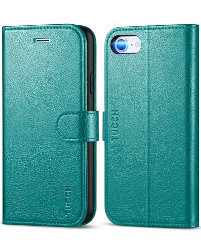 TUCCH Hülle für iPhone SE 2022 5G, iPhone 8/7 Lederhülle, [Kartenfächer] TPU Tasche, [Standfunktion] [Magnet] Case, Stoßfeste Handyhülle Kompatibel mit iPhone SE3/SE2/8/7 (4,7 Zoll), Cyan von TUCCH