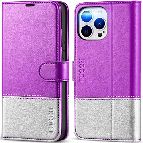 TUCCH Hülle kompatibel mit iPhone 14 Pro Max Klapphülle 5G 2022 [RFID Blocker], TPU Handyhülle Bookcase [Ständer] [Kartenfach] Cover mit [Magnetverschluss] Stoßfeste Etui (6,7 Zoll) Lila-Silber von TUCCH