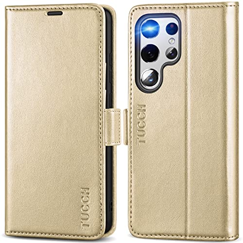 TUCCH Klapphülle kompatibel mit Galaxy S22 Ultra 5G Hülle [RFID Blocker] [Kartenfächer] [Standfunktion] [Magnetisch] Walletcase, Stoßfeste Handyhülle 2022 (6,8 Zoll) Glitzer Gold von TUCCH