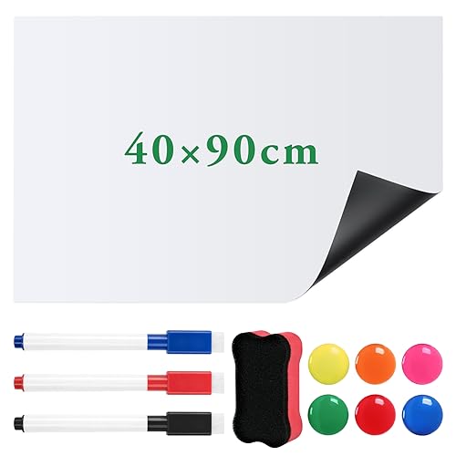 Whiteboard Magnetisch Folie 40 * 90cm Selbstklebend Magnettafel Folie,Abwischbare Magnetfolie,Whiteboard Magnetisch Selbstklebend Folie für Büro Schule Zuhause Küche-3 Markern,Schwamm,6 Magnete von TUFA