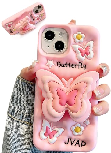 TUFTA Kawaii 3D-Schmetterlings-Handyhülle für iPhone 16 (mit einziehbarem Telefonständer und Griff), süßes mädchenhaftes Cartoon-Design, weiche Silikon-Handyhülle für Mädchen, Jungen, Kinder, Teenager von TUFTA