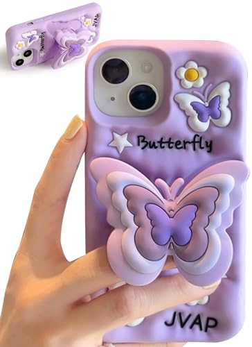 TUFTA Kawaii 3D-Schmetterlings-Handyhülle für iPhone 16 (mit einziehbarem Telefonständer und Griff), süßes mädchenhaftes Cartoon-Design, weiche Silikon-Handyhülle für Mädchen, Jungen, Kinder, Teenager von TUFTA