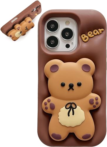 TUFTA Kawaii 3D-Schutzhülle für iPhone 15 Pro (mit Ständer und Griff), süßes mädchenhaftes Cartoon-Tier-Handyhülle für Mädchen, Jungen, Kinder, Teenager und Frauen, Hellbraun von TUFTA