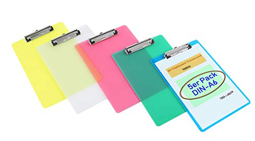 5er Klemmbrett A6 mit gummierter Metalklemme, Schreibbrett DIN A6 mit Aufhängeose, Pad Halter Clipboard - Transparent Kunststoff - 5er Schreibblock Set in 5 Farben - TKD8050 von TUKA-i-AKUT