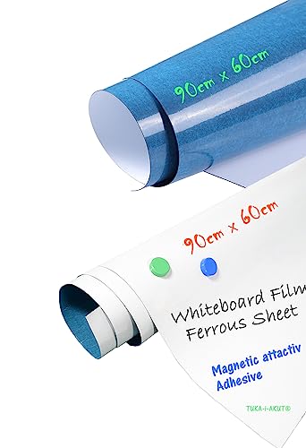 TUKA-i-AKUT 2er Haftgrund für Magnete, Beschreibbar Selbstklebend Whiteboard Folie, Nass Abwischbar, Premium-Kleber, Ferrofolie Eisenfolie, 90 x 60cm, Weiß, TKD9020-white-90cm-2X von TUKA-i-AKUT