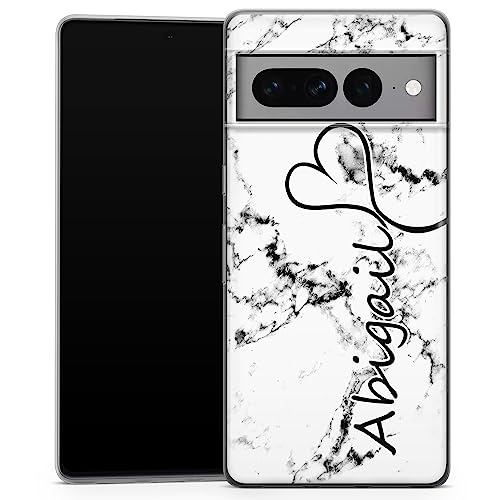 TULLUN Personalisierte Handyhülle für Google Pixel 7 Pro - Klare Soft Gel Benutzerdefinierte Marmor Name & Herz Buchstabe Initialen Name Text - Weiß Marmor von TULLUN