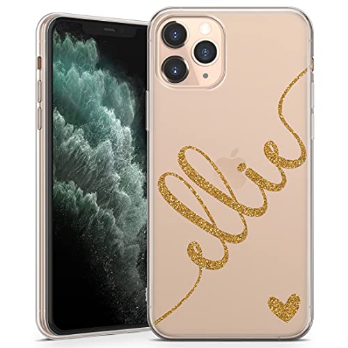 TULLUN Personalisierte Handyhülle für iPhone 13 - Klare Soft Gel Benutzerdefinierte Liebesherz und Diagonale Name Buchstabe Initialen Text - Gold von TULLUN