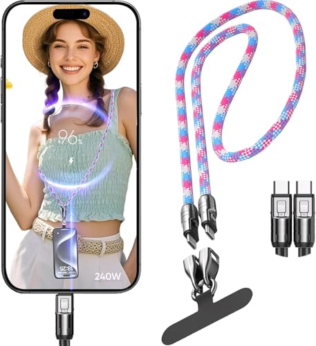 TUNKIA Handykette Ladekabel 2 in 1, Ladekabel für Handy Lanyard, PD 240W Typ C Kabel für Handykette Universal, USB C Kabel USB C Schnellladekabel Handyband (Rosa, 0.3m+1.2m) von TUNKIA