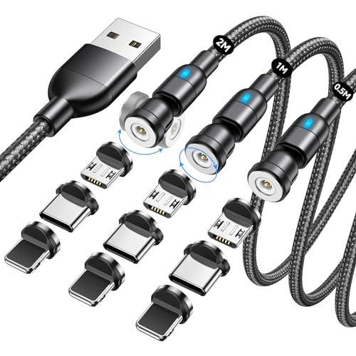 TUNKIA Magnet Ladekabel, Magnetisches Ladekabel [3Stück, 0.5m+1m+2m], USB C Magnet Kabel 360° und 180° Drehbar Ladekabel Magnetisch mit Micro USB/Type C für Smartphone- Schwarz von TUNKIA