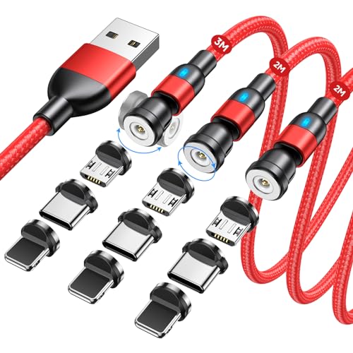 TUNKIA Magnet Ladekabel, Magnetisches Ladekabel [3Stück, 2m+2m+3m], USB C Magnet Kabel 360° und 180° Drehbar Ladekabel Magnetisch mit Micro USB/Type C für Smartphone- Rot von TUNKIA