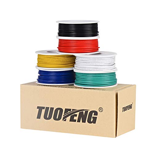 TUOFENG 18 AWG Draht, 18 Gauge, verzinnter Kupferdraht, PVC (Außendurchmesser: 1,85 mm), 6 verschiedene Farben, je 5 m, Litzendraht, Anschlusskabel für Heimwerker DC/AC von TUOFENG