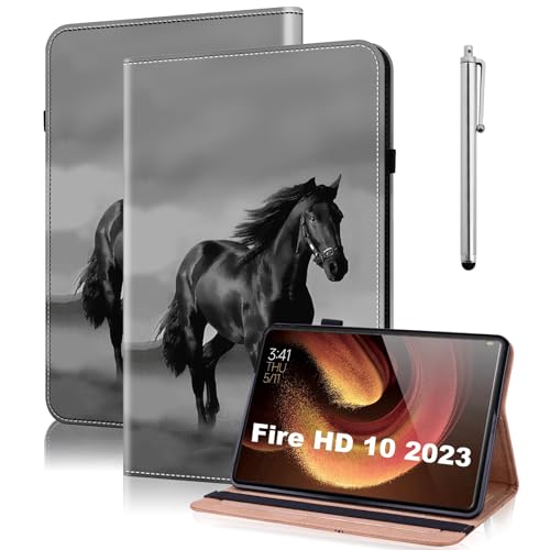TUOLISG Hülle für Kindle Fire HD 10 & 10 Plus Tablet (13./11. Gen, 2023/2021) 10,1",PU Leder Schützhülle mit Auto Schlaf/Aufwach und Standfunktion für Fire HD 10 /HD 10 Plus 2023/2021-Schwarzes Pferd von TUOLISG