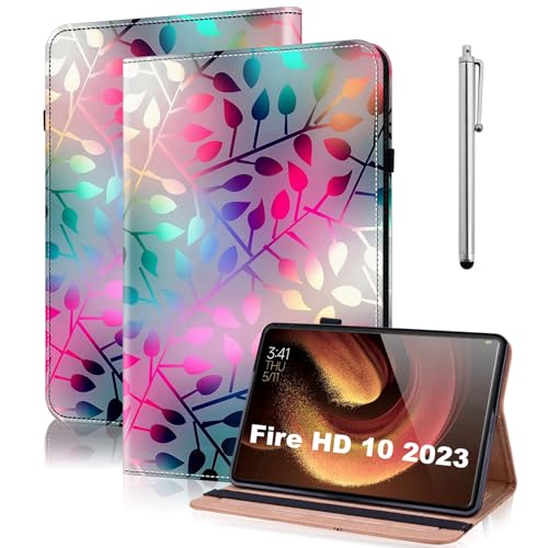 TUOLISG Hülle für Kindle Fire HD 10 & 10 Plus Tablet (13./11. Gen, 2023/2021) 10,1",PU Leder Schützhülle mit Auto Schlaf/Aufwach und Standfunktion für Fire HD 10 /HD 10 Plus 2023/2021-Ahornblatt von TUOLISG
