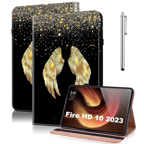 TUOLISG Hülle für Kindle Fire HD 10 & 10 Plus Tablet (13./11. Gen, 2023/2021) 10,1",PU Leder Schützhülle mit Auto Schlaf/Aufwach und Standfunktion für Fire HD 10 /HD 10 Plus 2023/2021-Goldene Flügel von TUOLISG