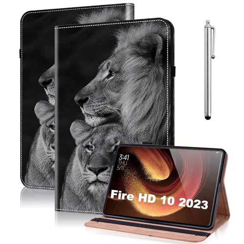 TUOLISG Hülle für Kindle Fire HD 10 & 10 Plus Tablet (13./11. Gen, 2023/2021) 10,1",PU Leder Schützhülle mit Auto Schlaf/Aufwach und Standfunktion für Fire HD 10 /HD 10 Plus 2023/2021-Löwe von TUOLISG