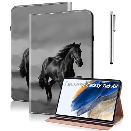 TUOLISG Hülle für Samsung Galaxy Tab A8 2022/2021 Folio Flip PU Leder Schutzhülle Galaxy Tab A8 10.5" Stifthalter Stand Wallet Cover Case Tablet Hülle SM-X200/ X205/ X207 -Schwarzes Pferd von TUOLISG