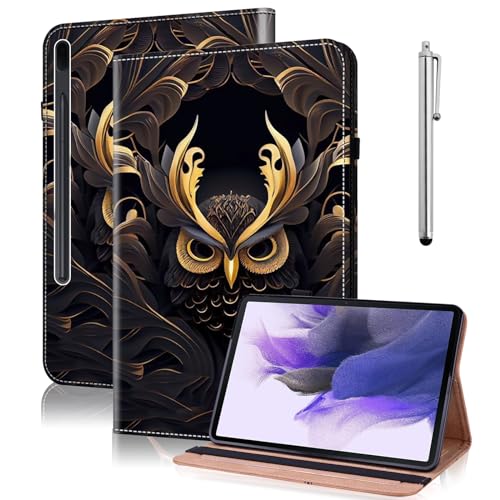 TUOLISG Hülle für Samsung Galaxy Tab S7 FE 12.4 5G,PU Leder Stand Folio Cover Multi-Winkel mit Stylus Stift,Schutzhülle für SM-T730/ T736B -Eule von TUOLISG