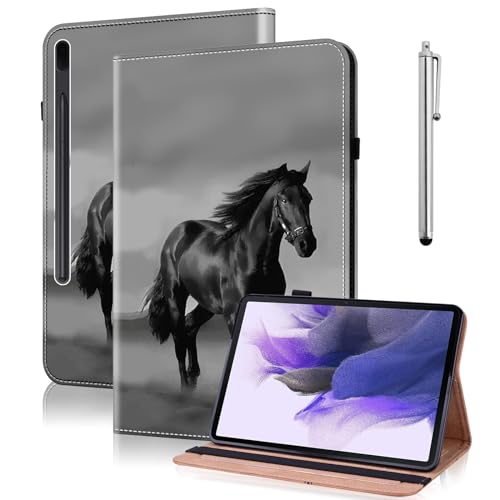 TUOLISG Hülle für Samsung Galaxy Tab S7 FE 12.4 5G,PU Leder Stand Folio Cover Multi-Winkel mit Stylus Stift,Schutzhülle für SM-T730/ T736B -Schwarzes Pferd von TUOLISG