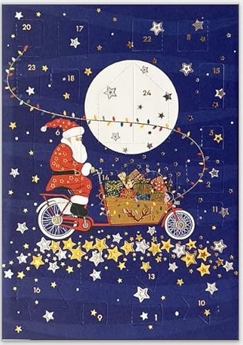 TURNOWSKY Geprägte Adventskalender-Karte mit Umschlag - hochwertiges Papier und wunderschöne Motive für die Weihnachtszeit, Weihnachtsmann mit Lastenrad von TURNOWSKY