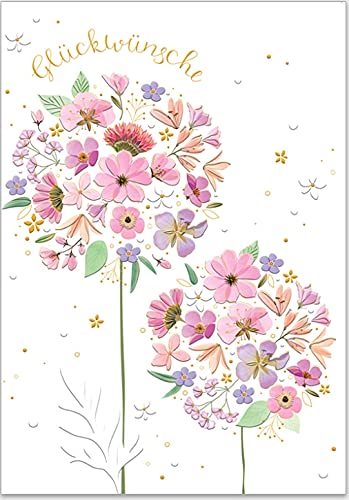 TURNOWSKY Geprägte Karte mit Umschlag - hochwertiges Papier und wunderschöne Motive für jeden Anlass wie Geburt, Kommunion, Geburtstag und Weihnachten (Glückwünsche - rosa Blumen) von TURNOWSKY